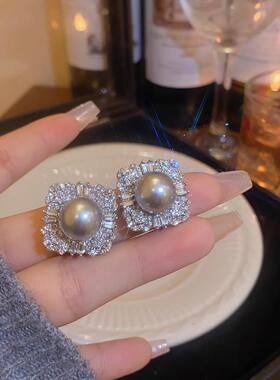 MaisonCleo闪钻灰色珍珠耳钉2025年新款小众独特耳环女气质大耳饰