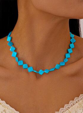 MaisonCleo海边度假风钛钢不锈钢菱形方块锁骨项链个性简约气质高