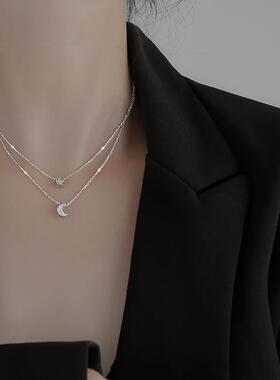 众星拱月星月双层纯银锁骨链