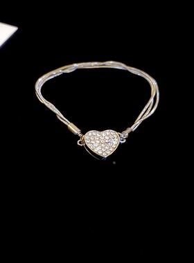 MaisonCleo个性多层金属拉丝镶钻爱心磁铁项链高级感冷淡风气质锁