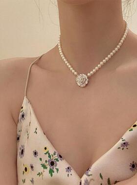 法式仙气山茶花珍珠锁骨链女款