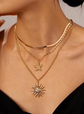 MaisonCleo三件套欧美金属感太阳人脸海星多层项链个性小众气质高