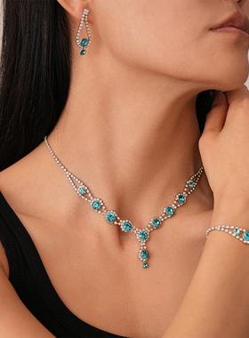 MaisonCleo3件套复古蓝色镶钻圆形耳钉手链项链轻奢小众气质高级