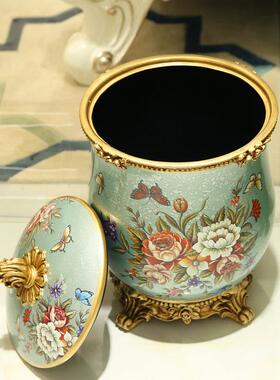 大号欧式复古客厅带盖垃圾桶家用创意装饰品收纳桶树脂工艺品摆件