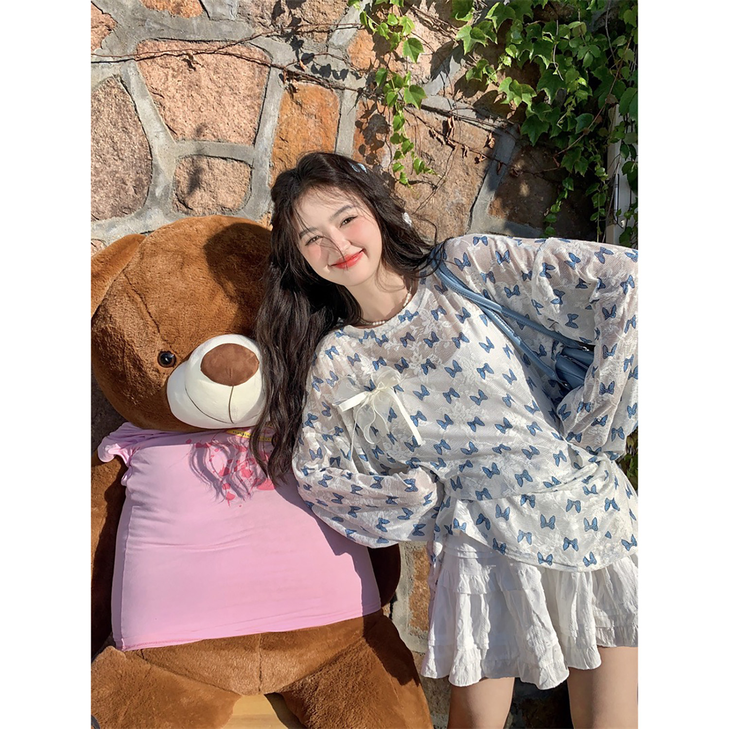 范雯雯蓝蝶花漾 薄款碎花长袖防晒衣女夏季甜美蝴蝶结宽松圆领T恤,淘宝优惠券,粉丝福利购,淘宝优惠卷