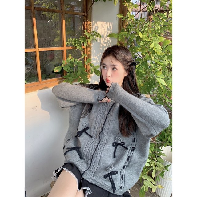 Fan Wenwen Gray Tone Praise Gray Bow Twist Knitted Cardigan Women's Winter Sweet Round Neck Sweater Jacket