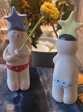 小人的星星梦手绘釉下彩高温陶瓷摆件香插迷你可爱花插桌面摆设品