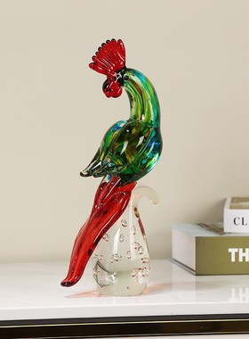 艺术混彩琉璃鹦鹉鸟摆件手工吹制玻璃H客厅样板间酒店轻奢软装装