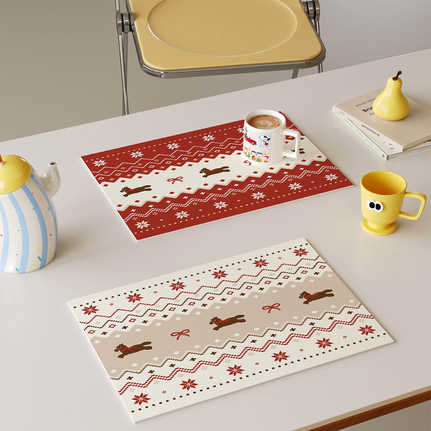 红色费尔岛新年圣诞西餐垫皮革防水防油防烫免洗高级感隔热垫杯垫,淘宝优惠券,粉丝福利购,淘宝优惠卷