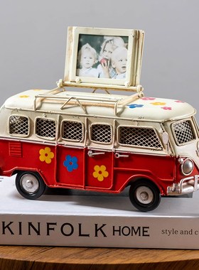 美式怀旧风铁皮巴士摆件仿真复古汽车模型创意送男生礼物家居饰品