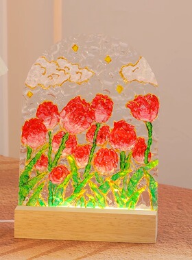 手绘画diy郁金香小夜灯玻璃画