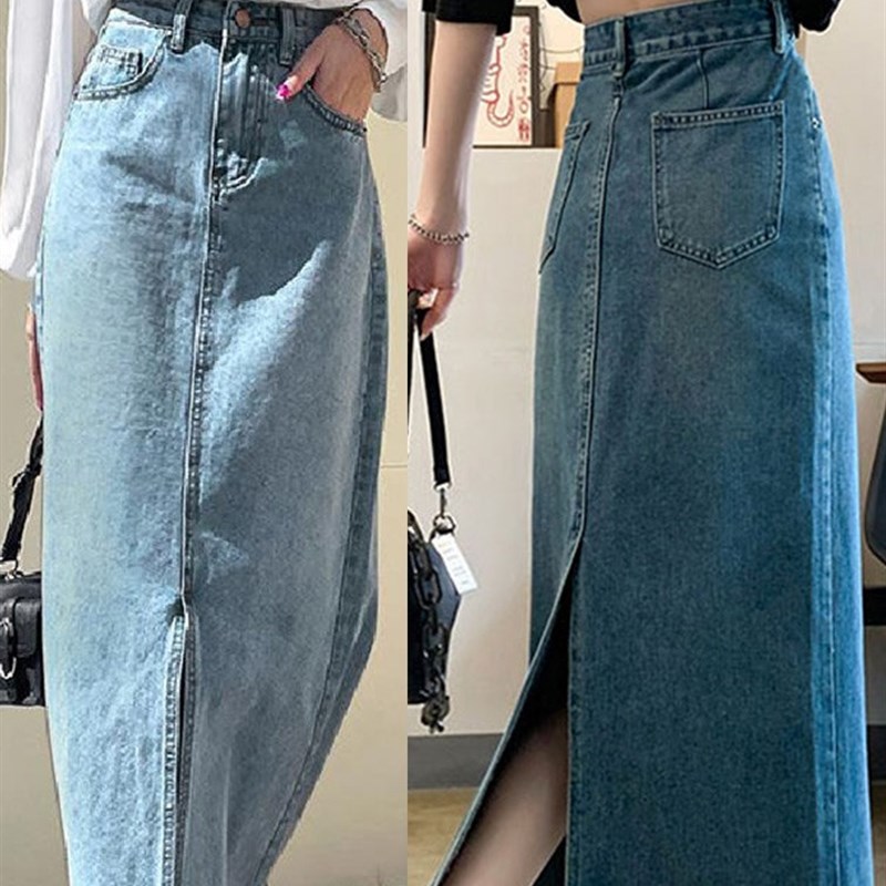 新品Split Denim Skirt Women Elegant Zipper High Waist Blue P-图0