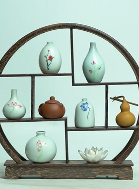 极速新中式茶室博古架软装饰品家居花瓶客L厅玄关桌电视柜子实木