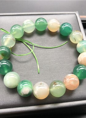 新品天然绿樱花h玛瑙手链 冰种飘花玉髓单圈绿色水晶手串男女