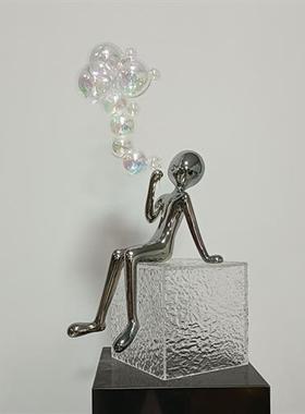 现代卡通软装吹泡泡人物创意雕塑玻璃钢新居乔迁客厅装修坐立摆件