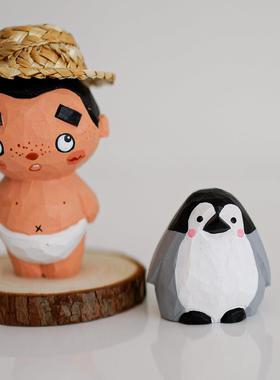 木雕自习室木雕企鹅饰品可爱的小动物书架橱柜显示器屏幕汽车装饰