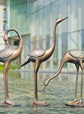户外仙鹤雕塑水池玻璃钢庭院园林仿铜装饰抽象中式丹顶鹤景观摆件