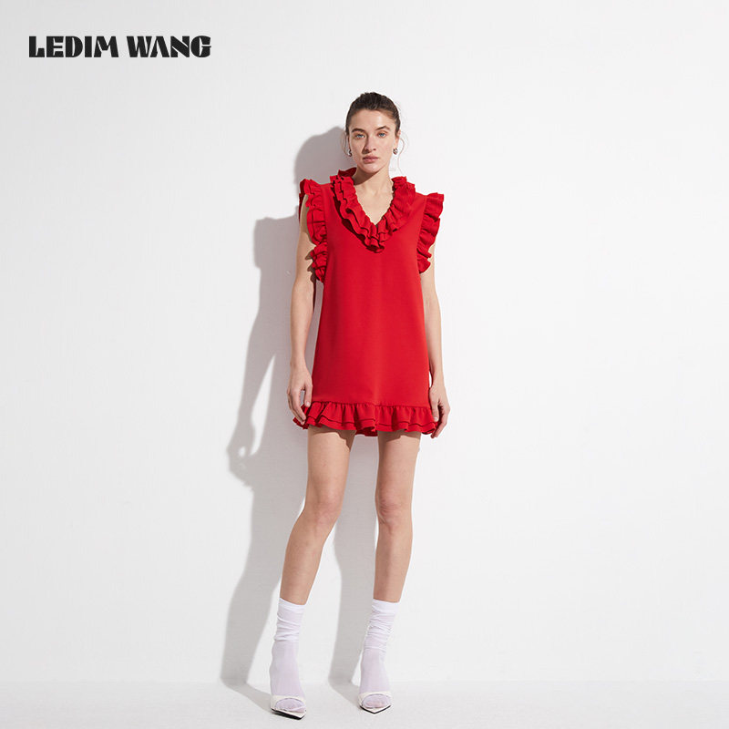 LEDIM WANG设计感荷叶边红色无袖连衣裙女2025春夏新款宽松短裙,淘宝优惠券,粉丝福利购,淘宝优惠卷