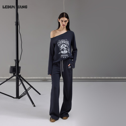 【明星同款】LEDIM WANG美式印花斜肩T恤女26夏新款灰色长袖上衣 - 图1