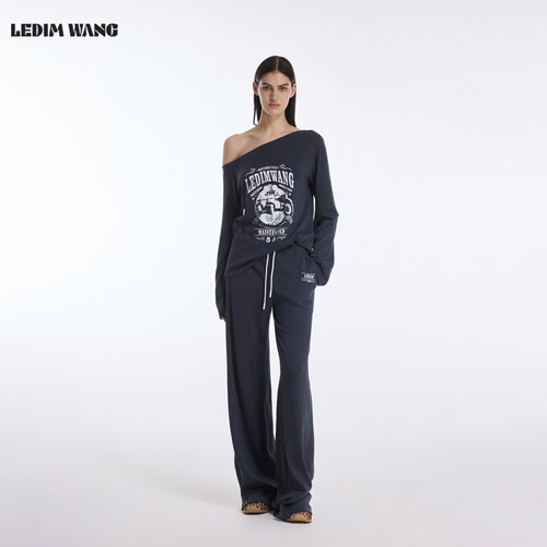 【明星同款】LEDIM WANG美式印花斜肩T恤女26夏新款灰色长袖上衣 - 图3