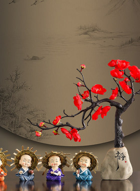 中式禅意佛系小和尚摆件 住宅书房适用的半手工家居装饰品