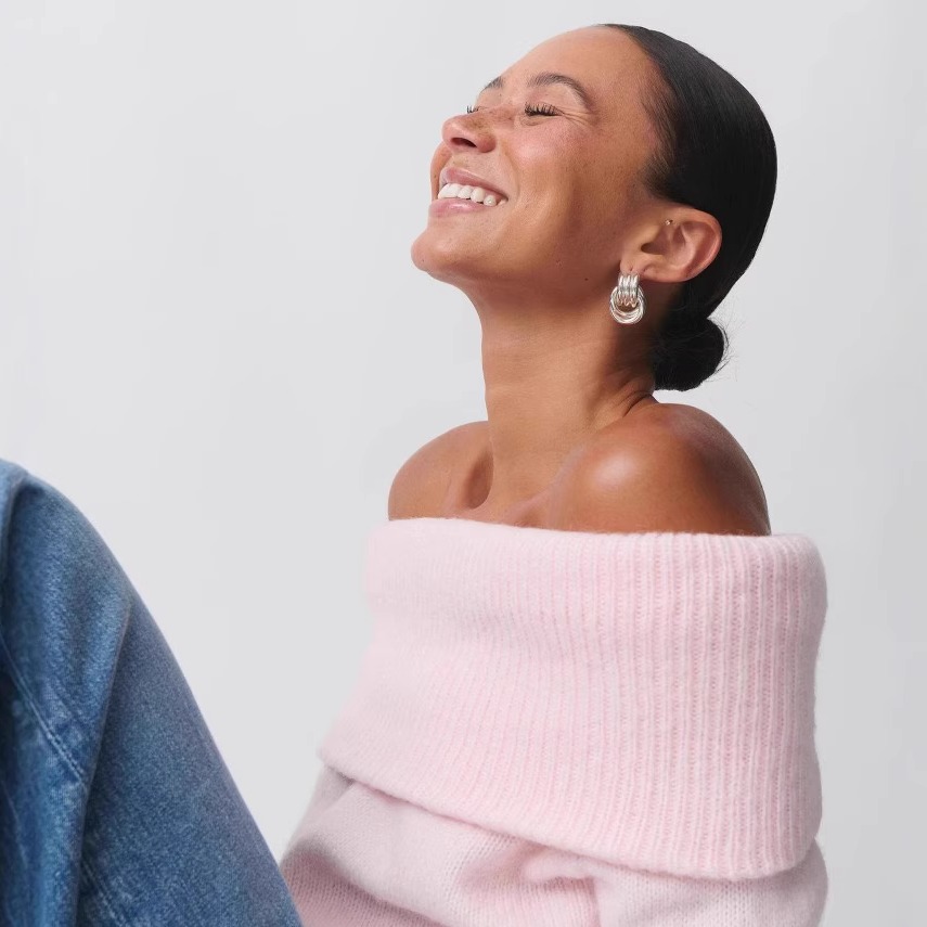 bgc春秋薄款高校辣妹温柔一字肩毛衣纯色翻领上衣马卡龙色长袖女 - 图2