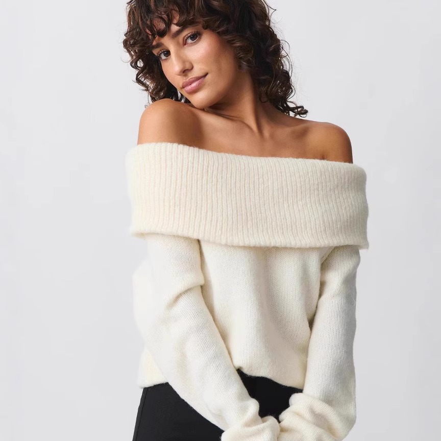 bgc春秋薄款高校辣妹温柔一字肩毛衣纯色翻领上衣马卡龙色长袖女 - 图1