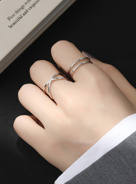 s925纯银交叉双线戒指女ins冷淡风个性极简双层线条素圈开口指环