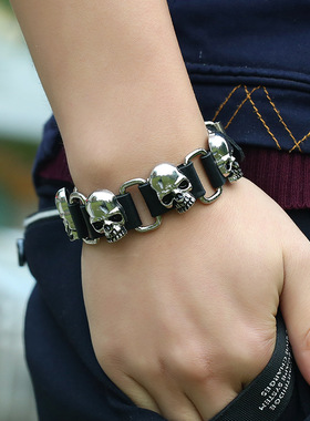 欧美外贸饰品个性潮流朋克风牛皮手链简约霸气嘻哈骷髅头皮革手环