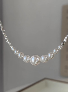 s925纯银碎银子珍珠项链女ins夏小众设计高级感简约仿珍珠锁骨链
