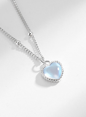 s925纯银渐变炫彩月光石爱心项链女法式高级感ins甜美心形锁骨链