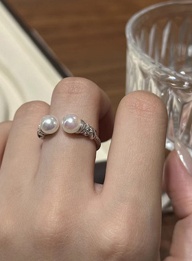 s925纯银强光施家双珍珠麻花戒指女中古老钱风高级感秋冬复古指环