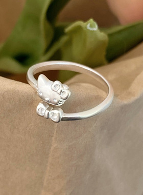 新概念S925纯银磨砂猫咪戒指女可爱卡通小众精致雾面甜美气质指环