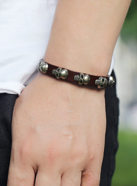 跨境热销配饰欧美新款朋克风骷髅头牛皮手链个性潮流男女学生饰品