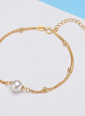 S925纯银手链女 韩版时尚简约双链珍珠手饰品 DIY水晶节日礼物