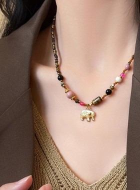 美拉德天然石不规则几何串珠项链女轻奢小众高级感毛衣链秋季配饰