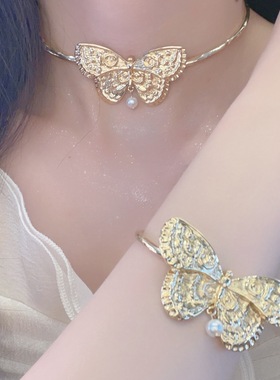 重工幻境蝴蝶珍珠手镯项圈单根简约复古法式轻奢高级锁骨链配饰潮