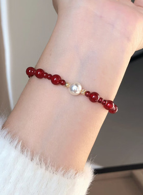 s925纯银天然红玛瑙仿施家珍珠手链新年红色手串小众精致温柔手环