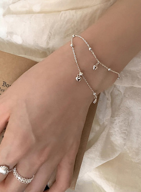 s925纯银爱心圆珠双层手链女ins甜美轻奢高级感简约百搭精致手串