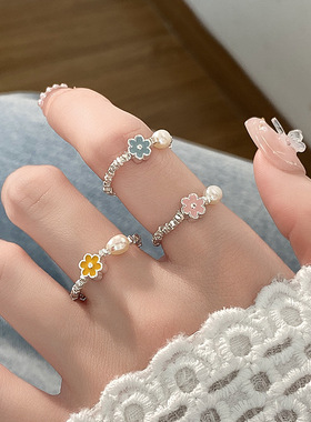 s925纯银天然淡水珍珠小花碎银子戒指小众设计弹力绳甜美弹力指环