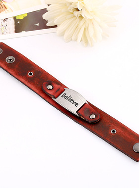 庞克厂家直销欧美复古风朋克牛皮手链  Believe义乌饰品真皮手链