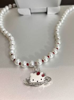 可爱甜美童趣猫咪串珠项链耳钉小众设计感时尚简约百搭耳环锁骨链