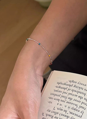 s925纯银彩色滴胶豆豆手链女ins夏季甜美多巴胺女孩闪闪圆珠手饰