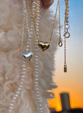 s925纯银爱心项链女ins夏季小众设计甜美简约立体光面心形锁骨链