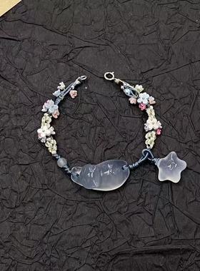 桂花猫复古冰透蓝色小星星猫咪编织手链新款气质个性小众百搭手链