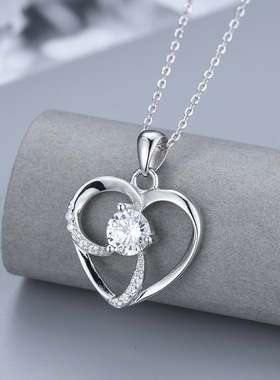 直播货源S925纯银心形镂空吊坠项链韩版l爱心吊坠女锁骨链礼物