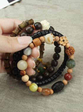 单圈简约时尚木珠多宝手串檀木猫抓菩提森系学生复古潮手链男女款