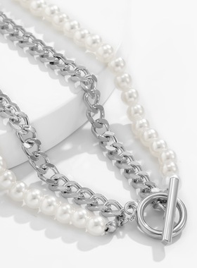 欧美双层嘻哈珍珠拼接锁骨链女简约甜酷风串珠链条OT项链时尚首饰