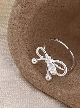 s925纯银镂空蝴蝶结戒指女ins夏季简约高级感不规则线条开口指环