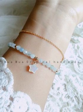 新品天然海蓝宝刻面三月生辰水晶幸运星星百搭小清新手链女ins